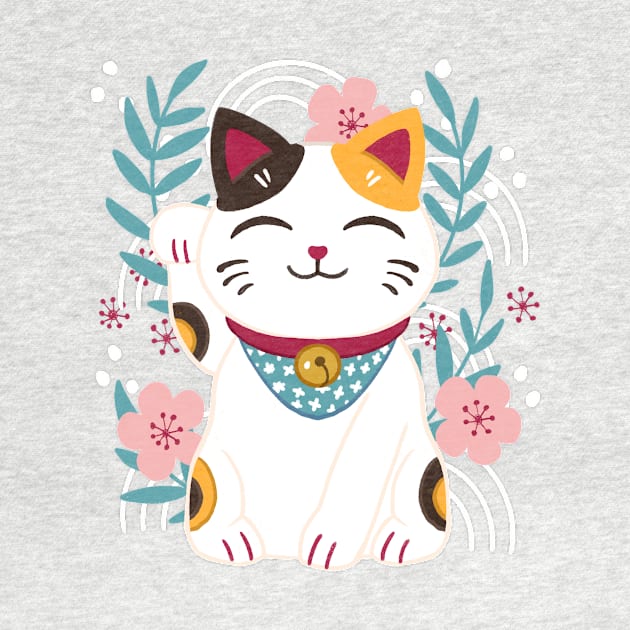 Japanese Lucky Cat With Cherry Blossoms by Serena Archetti